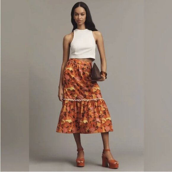 NWT Farm RioOrange Tiered Flare-Hem Printed Midi 100% Cotton Skirt XL